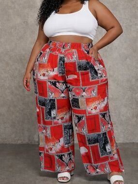 Red wide leg palazzo pants 2XL curve high waist printed lounge pants